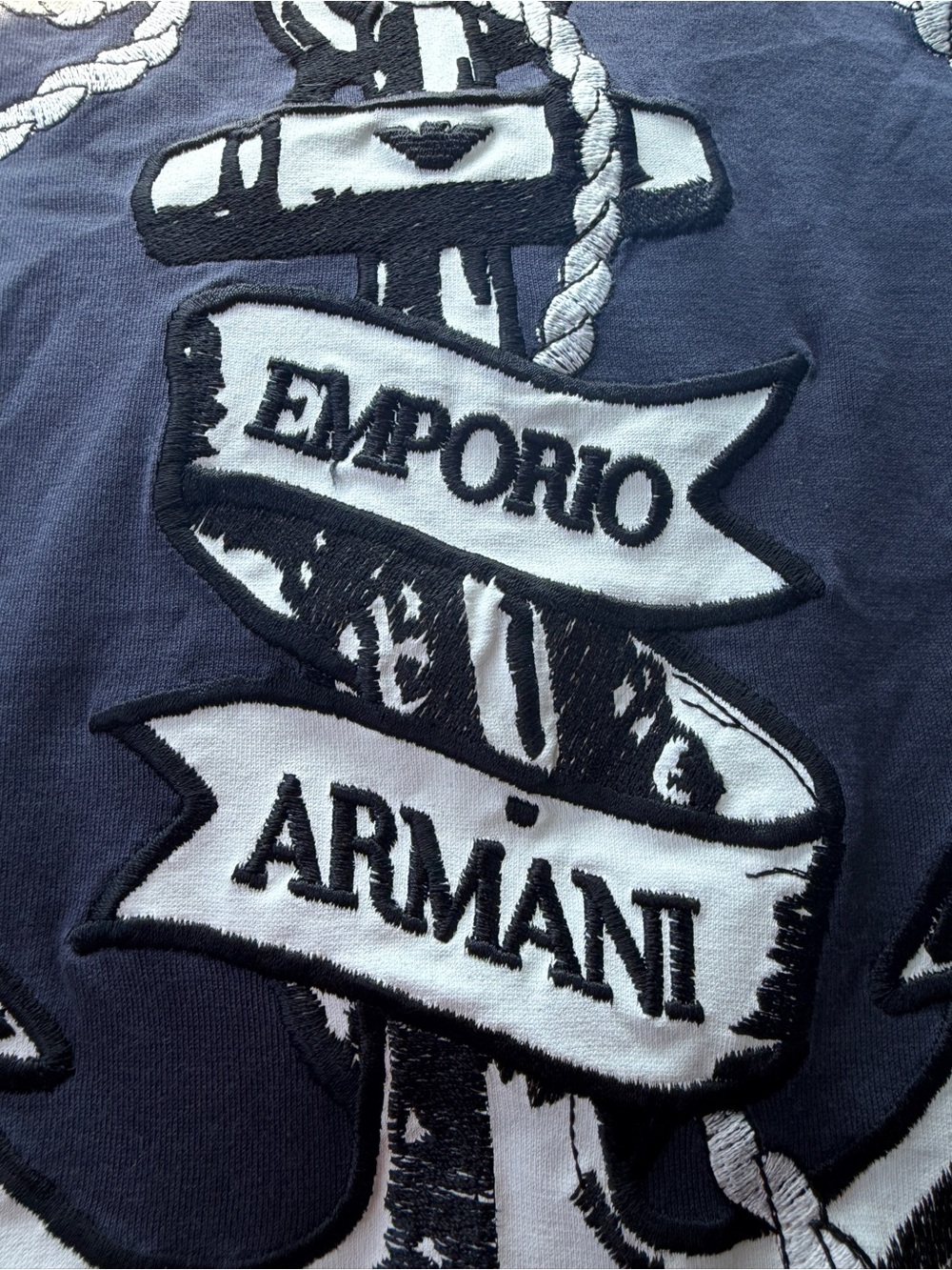 Emporio Armani Navy Blue and White Embroidered Logo Women's Top